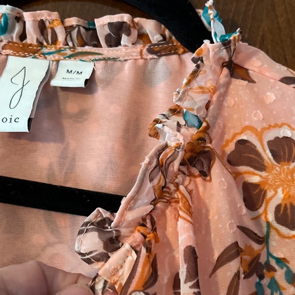 Joie‎ Peach Floral Ruffle Neck Tie Blouse M/M - Picture 9 of 11
